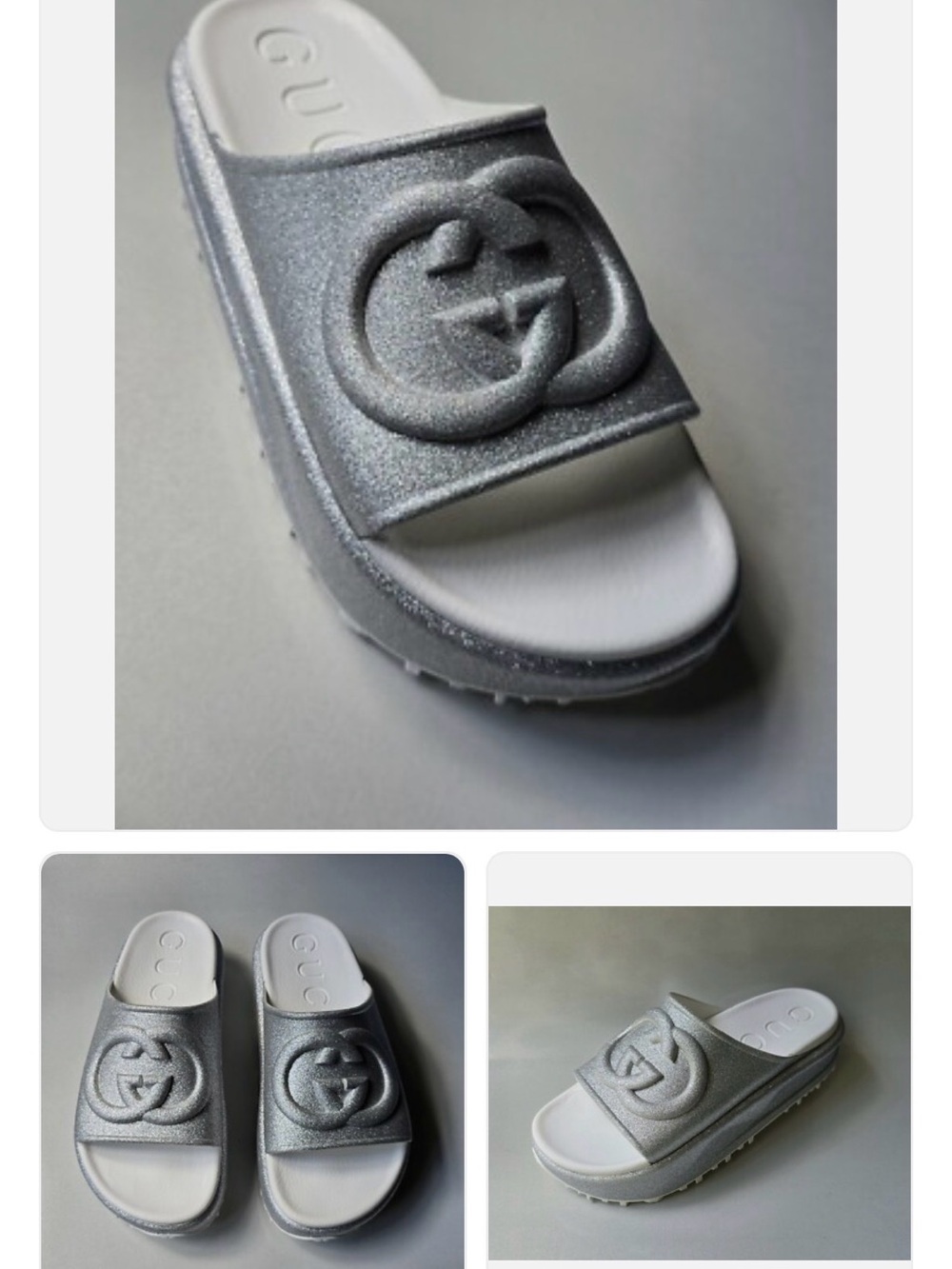 Gucci Silver Glitter Logo Slide Sandals for Women